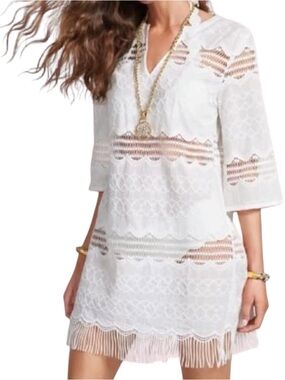 CAbi MEDIUM White Lace Fringe 3/4 Sleeve Swim Cover-Up Dress Tunic Resort Cruise